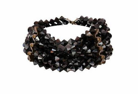 Artisan Sterling Silver Handmade Bi-cone Black Glass Choker Necklace: Amazing, one-of-a-kind choker with a unique sliding clasp. Circa, 1980’s. Choker measures, 13 ¾” long and 2 3/8” wide. Unmarked. Closes with a sliding clasp. Gorgeous and