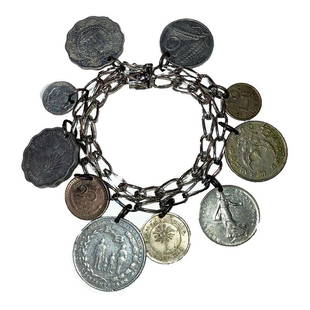 Sterling Silver Coin Dangle Charm Bracelet: Sterling Silver Coin Dangle Charm Bracelet, with aluminum and low grade silver coins. Circa, 1950's for the charm bracelet, coins were added later. Bracelet measures 8" long and 1 1/2" wide. Marked,