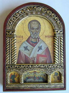 GREEK BYZANTINE STYLE ORTHODOX ICON on WOOD of ST. NICHOLAS: New, not an antique. Size 5 3/4 x 8" Perfect condition. Reserve: $34.99 Shipping:Domestic: Flat-rate of $25.00 to anywhere within the contiguous U.S.International: Foreign shipping rates are