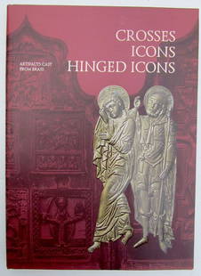 RUSSIAN METAL ICON & CROSSES ILLUSTRATED REFERENCE & ART ALBUM BOOK: Crosses, Icons, hinged Icons album printed in Moscow in 2000. Text in English. 134 pages with 239 color illustrations. Hard bound with dust jacket. Size: 9 1/2" by 13". Mint interior condition,