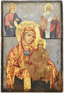 Our Lady of the Unfanding rose Akafistnaya (The Unwithering Flower): Large Greek wooden icon – Our Lady of the Unfanding rose Akafistnaya (The Unwithering Flower) with two saints Petrus and Modestus. Dimensions: 28 × 41 cm Century: 19 Reserve: $650.00 