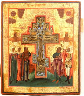 Crusifixion: Crusifixion Stavroteka, russian wooden icon with metal crusifix Dimensions: 30.5 × 35.5 cm Century: са. 1800 Reserve: $950.00 Shipping:Domestic: Flat-rate of $50.00 to