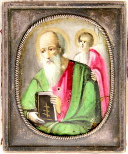 Finift. Saint Apostle and Evangelist John: Saint Apostle and Evangelist John. Russian finift icon. Silver frame Dimensions: 3.5 × 4.5 cm Century: 19 Reserve: $500.00 Shipping:Domestic: Flat-rate of $50.00 to anywhere within the