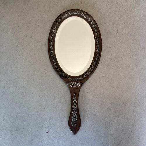 Rare and Large Hand Mirror in Rosewood and Carved Silver (1 of 6)