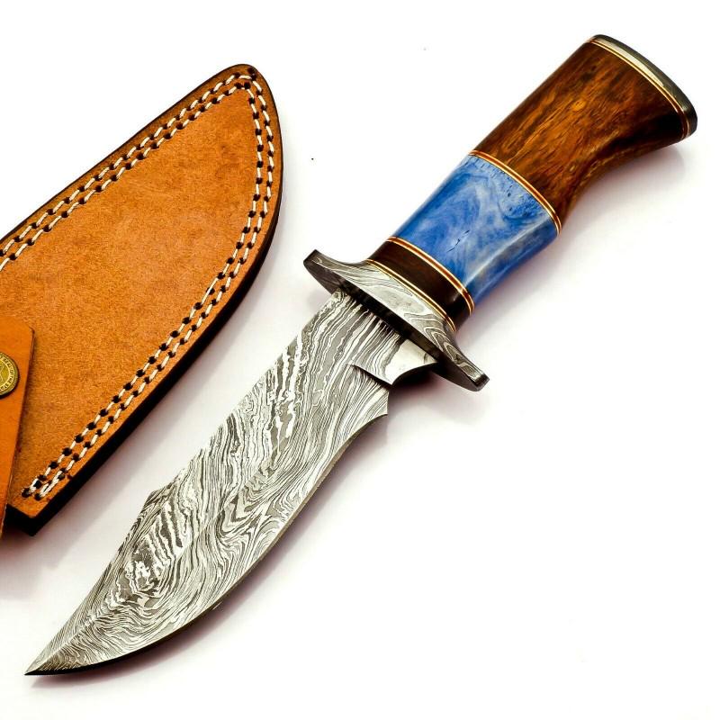 Everyday carry hiking camping damascus steel knife bone: Blade - damask steel Handle – marindi wood, coloured bone Leather sheath – included Blade hardness – 58-60 HRC Total length – 10 (inch) Blade length - 6 (inch) Blade Thickness 