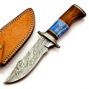 Everyday carry hiking camping damascus steel knife bone: Blade - damask steel Handle – marindi wood, coloured bone Leather sheath – included Blade hardness – 58-60 HRC Total length – 10 (inch) Blade length - 6 (inch) Blade Thickness