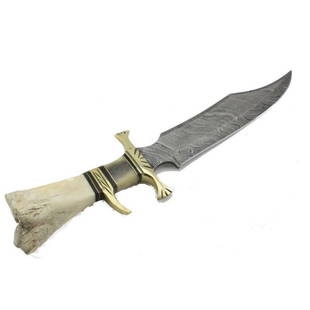 Bowie exclusive pattern damascus steel knife bone brass: Knife "Lexington" • Blade - damask steel • Handle –camel bone, brass • Scabbard – leather (included) • Blade hardness – 58-60 HRC • Total length