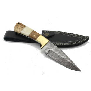 Hunting damascus steel knife wood camel bone brass: Knife "Leominster" • Blade - damask steel • Handle – walnut wood, camel bone, brass • Scabbard – leather (included) • Blade hardness – 58-60 HRC •