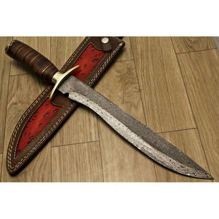 Bowie exclusive pattern damascus steel knife leather: Knife "Long" Blade - damask steel Handle – stacked leather Scabbard – cowhide leather (included) Blade hardness – 58-60 HRC Total length – 445 mm. Blade length - 305 mm. Handle