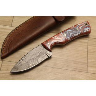 Handmade camping everyday damascus steel knife work: Knife "Small" Blade - damask steel Handle – corian Scabbard – cowhide leather (included) Blade hardness – 58-60 HRC Total length – 204 mm. Blade length - 89 mm. Handle