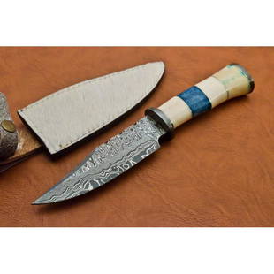 Hunting exclusive pattern damascus steel knife work: Blade - damask steel Handle – colored bone Leather sheath – included Blade hardness – 55-58 HRC Total length – 10 (inch) Blade length - 5 (inch) Blade Thickness – 3-4 mm