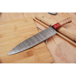 Handmade kitchen chef damascus steel knife wood work: Blade - damask steel Handle – wood Leather sheath – included Blade hardness – 55-58 HRC Total length – 12 (inch) Blade length - 7,5 (inch) Blade Thickness – 3-4 mm Knives