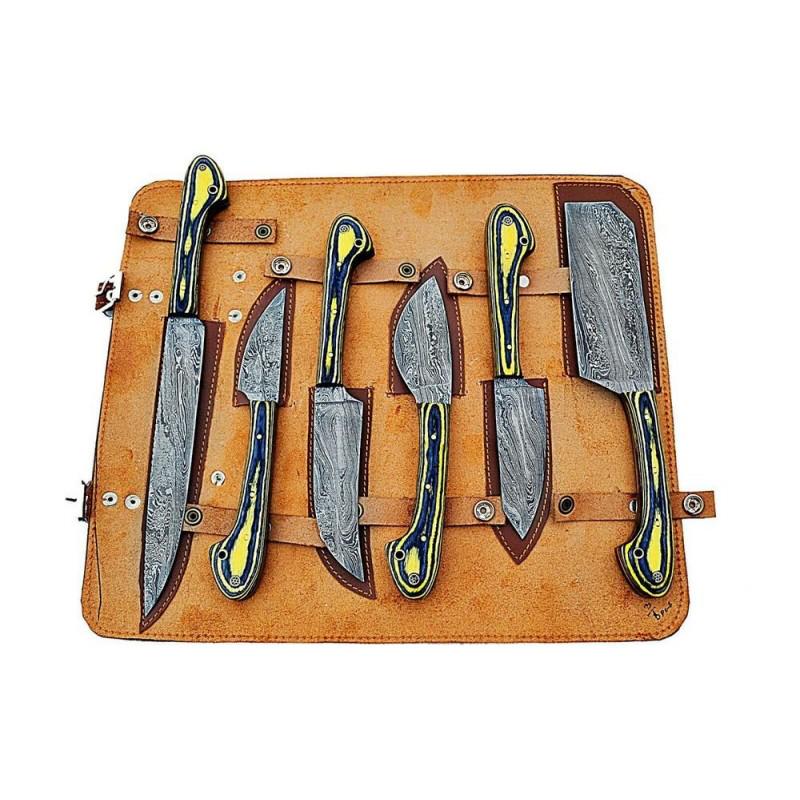 6 pcs SET kitchen chef damascus steel knife colored wood leather (1 of 6)