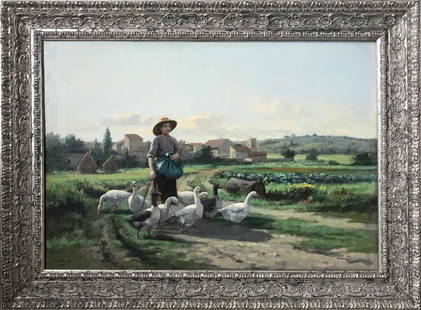 Girl Tending Geese by Martin Coulaud c. 1885 c. 1885: An exceptionally sweet and beautifully painted 19th-century antique painting of a girl tending her flock of geese in the French countryside. By the time this was painted, the Impressionists had