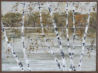 Autumn Birches, Wallkill River, New Jersey 1975: The white paper bark birches appear almost as abstraction in the foreground of the broad river here, with the leaves of the forest on the far bank having taken on their autumn colors. The artist has