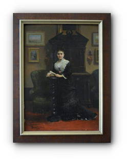 Mrs. Guinouard in Her Private Lounge 1888: Louis Priou mostly painted beautiful women, whether cavorting with cherubs in lush gardens or in idealized classical portraits. This highly detailed, very accomplished painting is unusual in that it