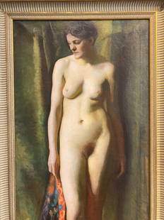Large Standing Nude 1930's: This large and arresting painting is what I believe must have been one of a pair, with a male nude of exactly the same size and style by the artist that sold at Coletti Gallery many years back