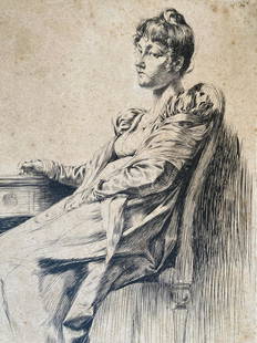 Seated Young Lady (by leader of "Southern Art Renaissance") 1892: Many of you clicking on this pen-and-ink of a pretty Edwardian-era lady are probably doing so because you know of Ellsworth Woodward, who with his brother William Woodward around the turn of the 20th