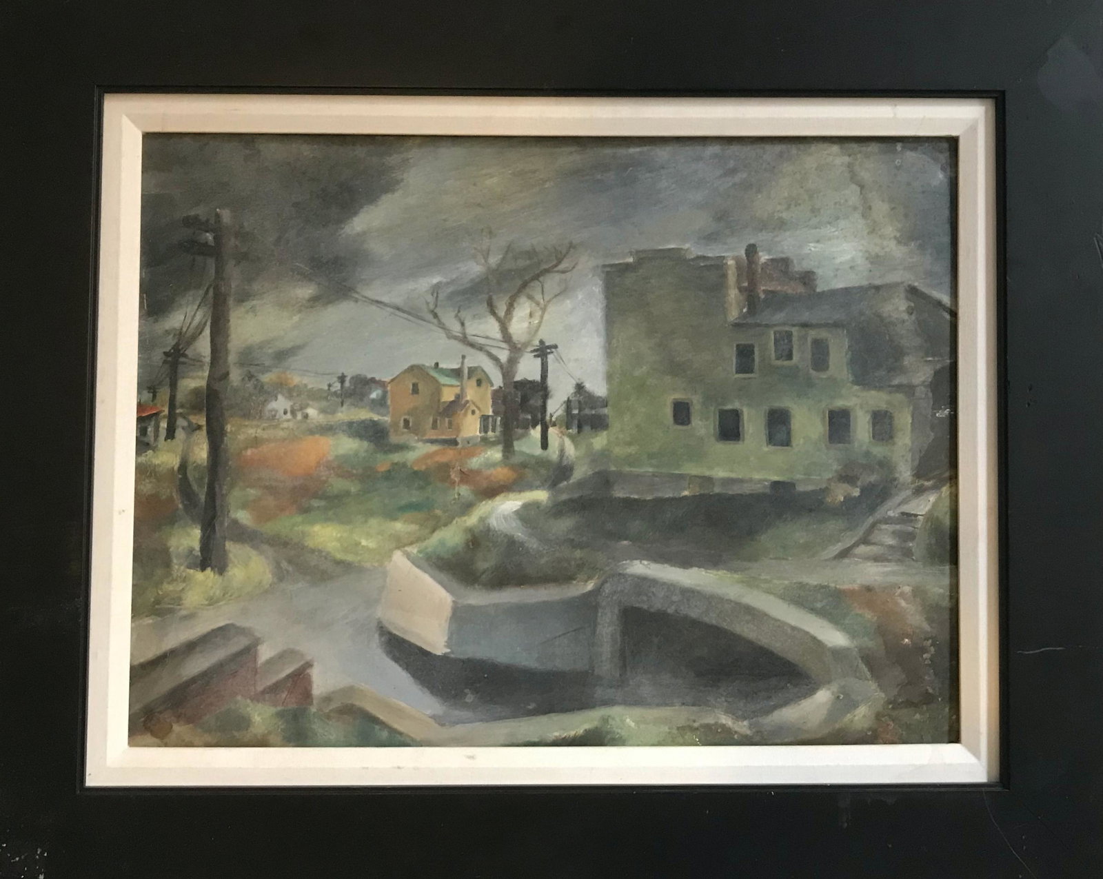 Midwestern Town: I saw this painting at auction and bought it even though it has no signature (or if it does have one, it's beneath the frame). What I liked about it was the WPA 1930's style, which I have always liked