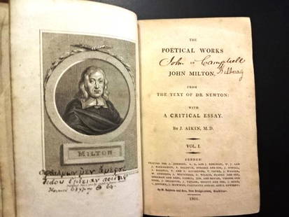 1801 Poetical Works of John Milton Set: Title: 1801 Poetical Works of John Milton SetDescription: "The Poetical Works of John Milton From the Text of Dr. Newton with a Critical Essay by J. Aikin, M.D.", printed at London by H. Baldwin and