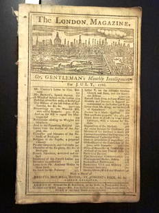 1766 Magazine Repeal of Stamp Act: Title: 1766 Magazine Repeal of Stamp ActDescription: The July 1766 issue of "The London Magazine..", printed for R. Baldwin. 56 pages, lacks engraving. First article is letter from British Secretary