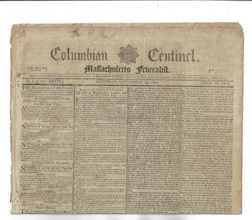 1801 Federalist Newspaper Gibraltar Lord Nelson: Title: 1801 Federalist Newspaper Gibraltar Lord NelsonDescription: The September 19, 1801 issue of the "Columbian Centinel. Massachusetts Federalist", printed at Boston by Benjamin Russell. Four