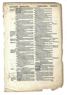 1549 English Matthews Bible Leaf Psalms: Title: 1549 English Matthews Bible Leaf PsalmsDescription: A leaf from a Matthew's Bible printed by John Daye and William Seres, London, 1549, The leaf from Psalms, Very Good, edge wear. Measures 8 x