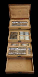 FALKENBERG 144pcs. ANTIQUE LOUIS XVI STERLING SILVER FLATWARE SET 1850-1899: Title: FALKENBERG 144pcs. ANTIQUE LOUIS XVI STERLING SILVER FLATWARE SET 1850-1899Description: A Magnificent Privately Commissioned, Antique French 164 pc. Sterling Silver Flatware Set, Complete