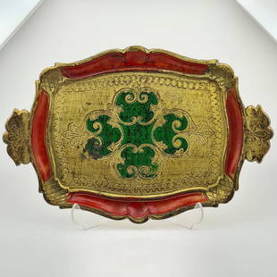 Vintage Italian Florentine Tray: Title: Vintage Italian Florentine TrayDescription: Vintage Italian Florentine Tray in Green,Red and Gold Gilt,Small Drink Tray. Florentine Italian Wooden Gilt Serving Tray, Hand Painted Tray. This