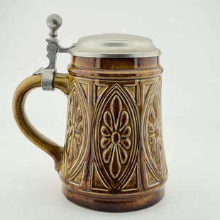 German Gerz Beer Stein,Vintage Beer Mug: Title: German Gerz Beer Stein,Vintage Beer MugDescription: Vintage Original GERZIT Souvenir Beer Stein,Germany,German Beer Stein,Beer Mug. Rein Zinn Original GERZ with lided brown beer stein. Size: