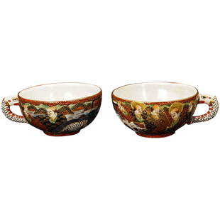 Pair Japanese Satsuma Teacups Early 20th Century: Title: Pair Japanese Satsuma Teacups Early 20th CenturySize: 3 ¾” (9.5 cm) diameter x 4 ¾” (12.1 cm) wide x 2” (5.1 cm) tall.Description: A pair of teacups with amazing tiny, colorful, expert