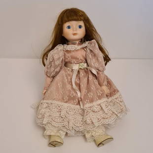 Vintage Porcelain Doll: Title: Vintage Porcelain DollDescription: Vintage Seymour Mann #383 Pink Lace Dress Porcelain Doll with Brown Hair,Porcelain Doll Seymour Mann #383 Pink Lace Dress Porcelain Doll,Marry Anne. Cute