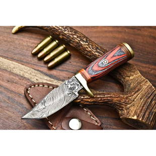 Exclusive pattern damascus steel knife wood camping: Blade - damask steel Handle – hard wood Leather sheath – included Blade hardness – 55-58 HRC Total length – 6 (inch) Blade length - 3 (inch) Blade Thickness – 3-4 mm