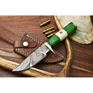 Hiking camping hunting work damascus steel knife wood: Blade - damask steel Handle – hard wood Leather sheath – included Blade hardness – 55-58 HRC Total length – 8 (inch) Blade length - 4 (inch) Blade Thickness – 3-4 mm