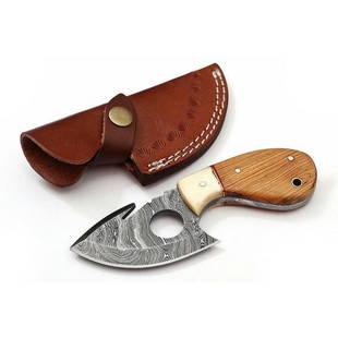 Skinner damascus steel knife wild life camel bone wood: Knife "Bastrop" made of damask steel. Handle – camel bone, wood and scabbard - genuine leather. Damascus knives are very durable, look great and keep sharpness perfectly. Damascus steel has