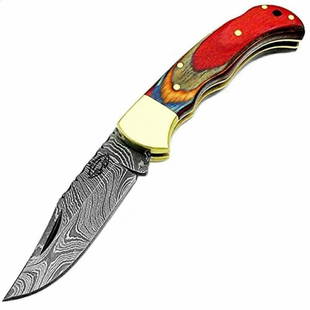 Hunting folding damascus steel knife wood pocket hiking: Knife "Marys" made of damask steel. Handle – wood and scabbard - genuine leather. Damascus knives are very durable, look great and keep sharpness perfectly. Damascus steel has high quality