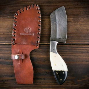 Full tang bucther work damascus steel knife horn bone: Knife "Natchitoches" made of damask steel. Handle – beige horn, bone and scabbard - genuine leather. Damascus knives are very durable, look great and keep sharpness perfectly. Damascus steel