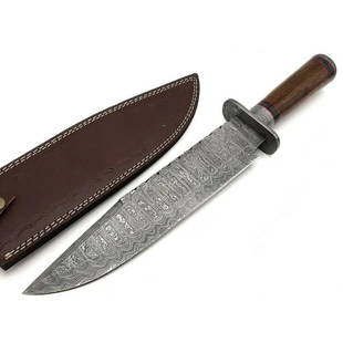 Dagger hunting boot damascus steel knife wood camping: Knife "Dlaboka" Blade - damask steel Handle – rose wood Scabbard – cowhide leather (included) Blade hardness – 58-60 HRC Total length – 406 mm. Blade length - 279 mm. Handle