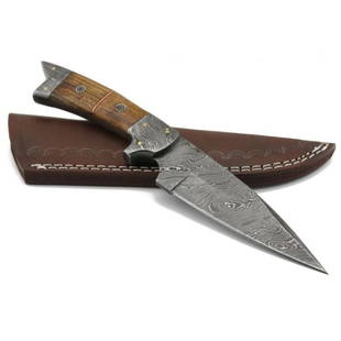 Hunting work damascus steel knife camping walnut wood: Knife "Lenox" • Blade - damask steel • Handle – walnut wood • Scabbard – leather (included) • Blade hardness – 58-60 HRC • Total length – 250