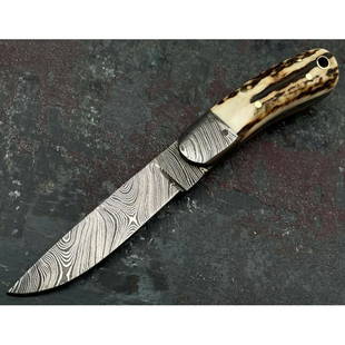 Everyday carry folding pocket damascus steel knife work: Knife "Antler" made of damask steel. Handle – stag, antler and scabbard - genuine leather. Damascus knives are very durable, look great and keep sharpness perfectly. Damascus steel has high