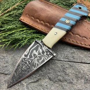 Handmade camping hunting damascus steel knife bone: Blade - damask steel Handle – camel bone Leather sheath – included Blade hardness – 50-55 HRC Total length – 7 (inch) Blade length - 3 (inch) Blade Thickness – 3-4 mm