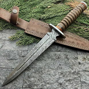 Exclusive pattern hunting hiking damascus steel knife: Blade - damask steel Handle – steel guard \ wood Leather sheath – included Blade hardness – 50-55 HRC Total length – 15 (inch) Blade length - 10 (inch) Blade Thickness