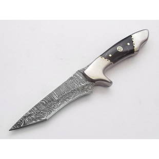 Camping hiking hunting work damascus steel knife horn: Knife "Bob" made of damask steel. Handle – buffalo horn and steel bolsters and scabbard - genuine leather. Damascus knives are very durable, look great and keep sharpness perfectly. Damascus