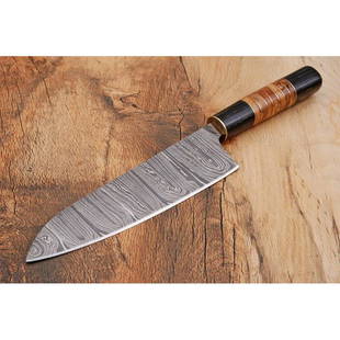 Exclusive pattern hiking camping damascus steel knife: Blade - damask steel Handle – buffalo horn, olive wood Leather sheath – included Blade hardness – 55-58 HRC Total length – 12 (inch) Blade length - 8 (inch) Blade Thickness