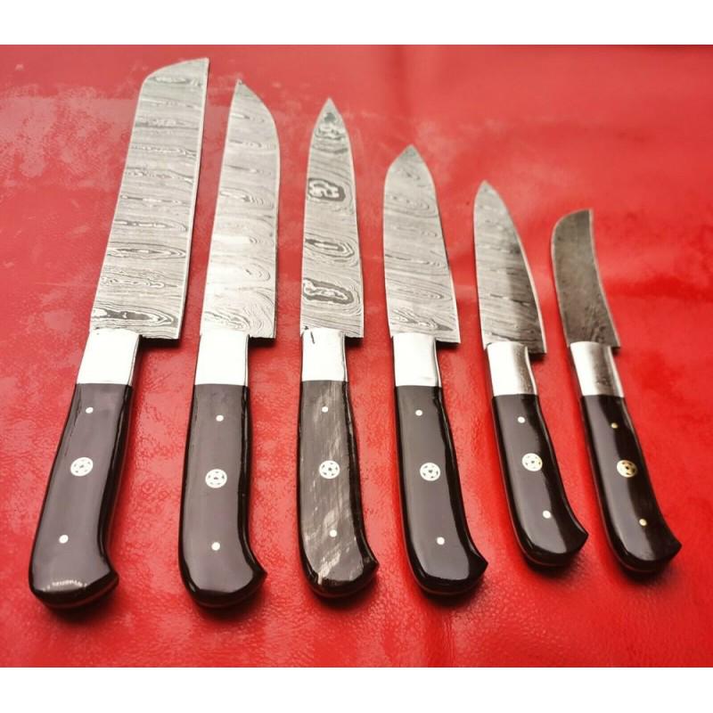 Set of 6 full tang kitchen damascus steel knife chef horn (1 of 4)