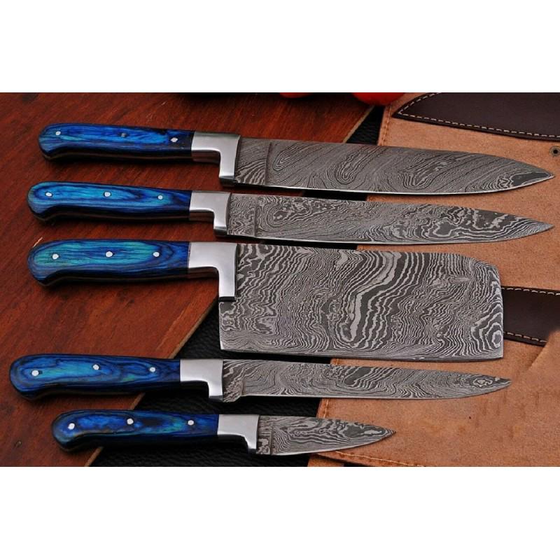 Set 5 kitchen chef damascus steel knives wood steel (1 of 4)