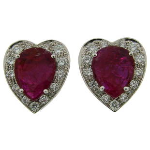 No-Heat Natural Ruby Diamond Gold Heart-shape Earrings: Title: No-Heat Natural Ruby Diamond Gold Heart-shape EarringsDescription: A pair of lovely heart-shape earrings featuring a pear-shape natural non-heated ruby framed with round diamonds set in 14k