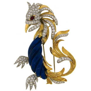 Marchak Lapis Lazuli Ruby Diamond Gold Platinum Firebird Pin Brooch: Title: Marchak Lapis Lazuli Ruby Diamond Gold Platinum Firebird Pin BroochDescription: Fabulous pin created by a French high-end jewelry house Marchak. All pieces are handmade and exquisite. Small