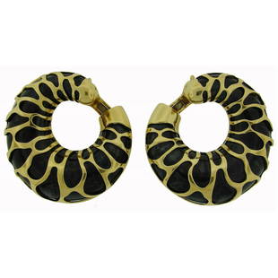 1989 Marina B Metal Gold Giraffe Motif Hoop Earrings: Title: 1989 Marina B Metal Gold Giraffe Motif Hoop EarringsDescription: Bold yet elegant hoop earrings created by Marina B in Italy in the 1989. Unusual combination of blackened metal and 18k yellow