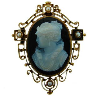 Victorian Agate Cameo Pearl Yellow Gold Pin Brooch Pendant: Title: Victorian Agate Cameo Pearl Yellow Gold Pin Brooch PendantDescription: Lovely Victorian cameo pin/pendant with beautiful woman bust carved on agate. The cameo is framed in 14k (tested) yellow